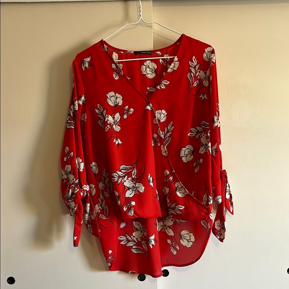 West Kei Red Floral Wrap Blouse with 3/4 Bow Sleeves